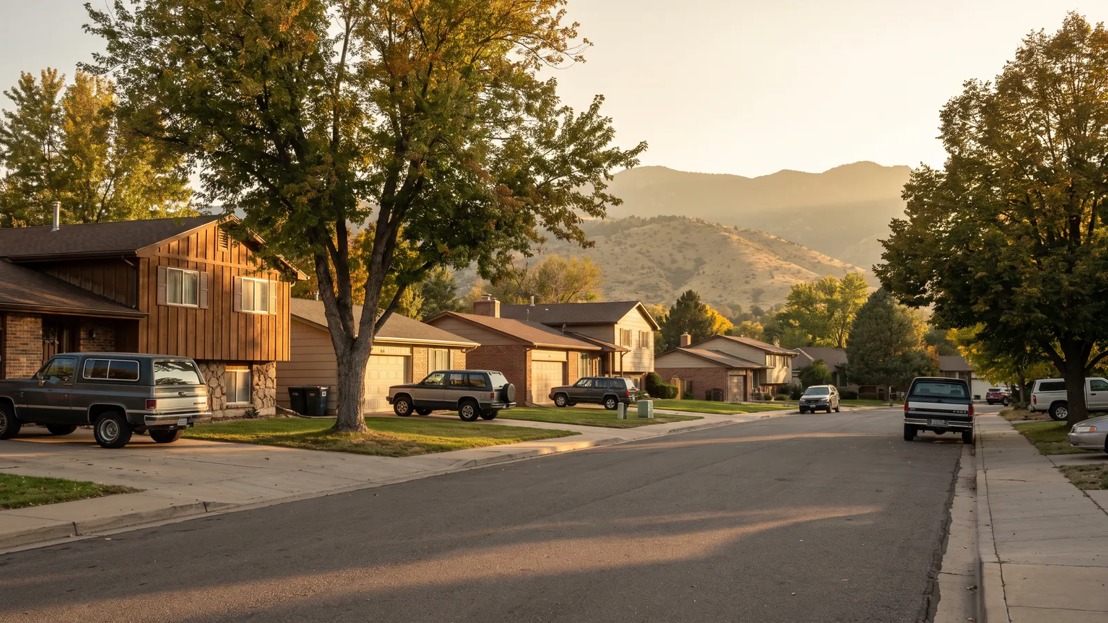 A quiet residential street of 1970s ranch and split-level homes in Colorado Springs, mature trees, and the foothills rising at the end of the road