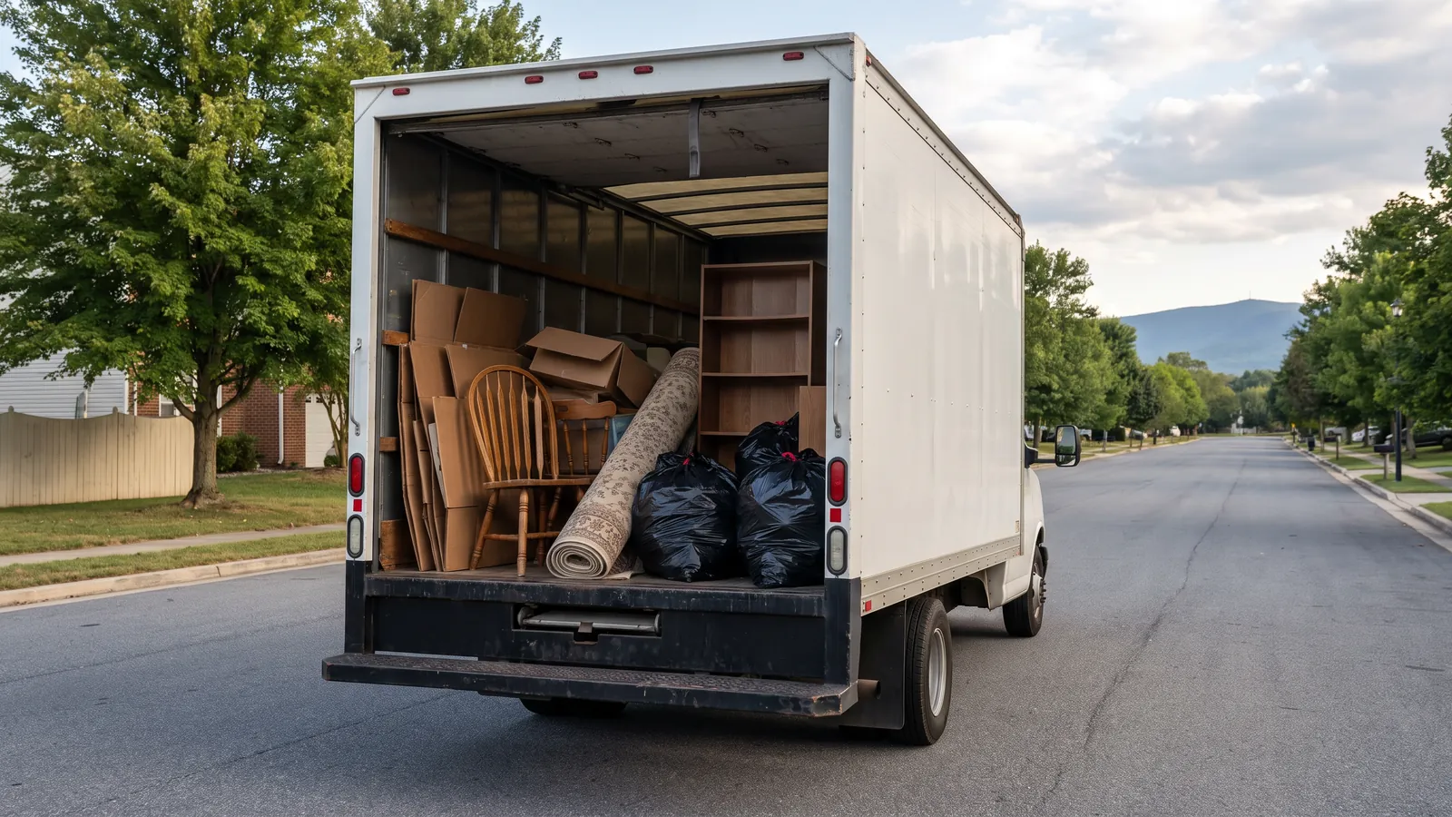 Rear view of a junk hauling truck half loaded with cardboard boxes, a dining chair, a rolled rug and a broken bookshelf, parked on a suburban street