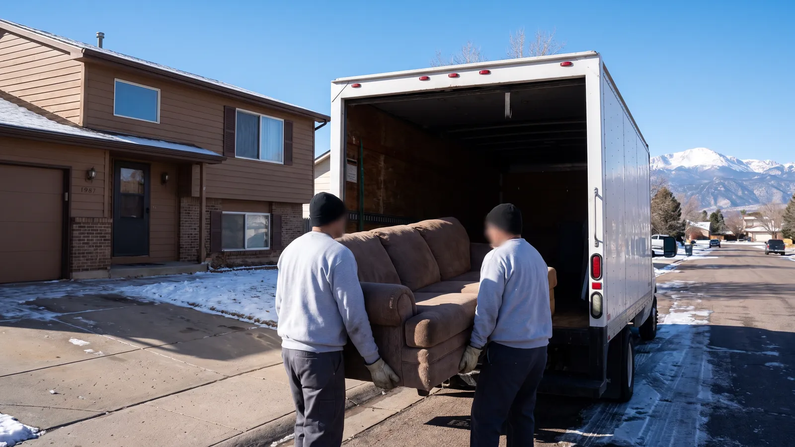 Two haulers in grey work shirts lifting a worn sofa into the open back of a box truck in the driveway of a Colorado Springs home, Pikes Peak on the horizon