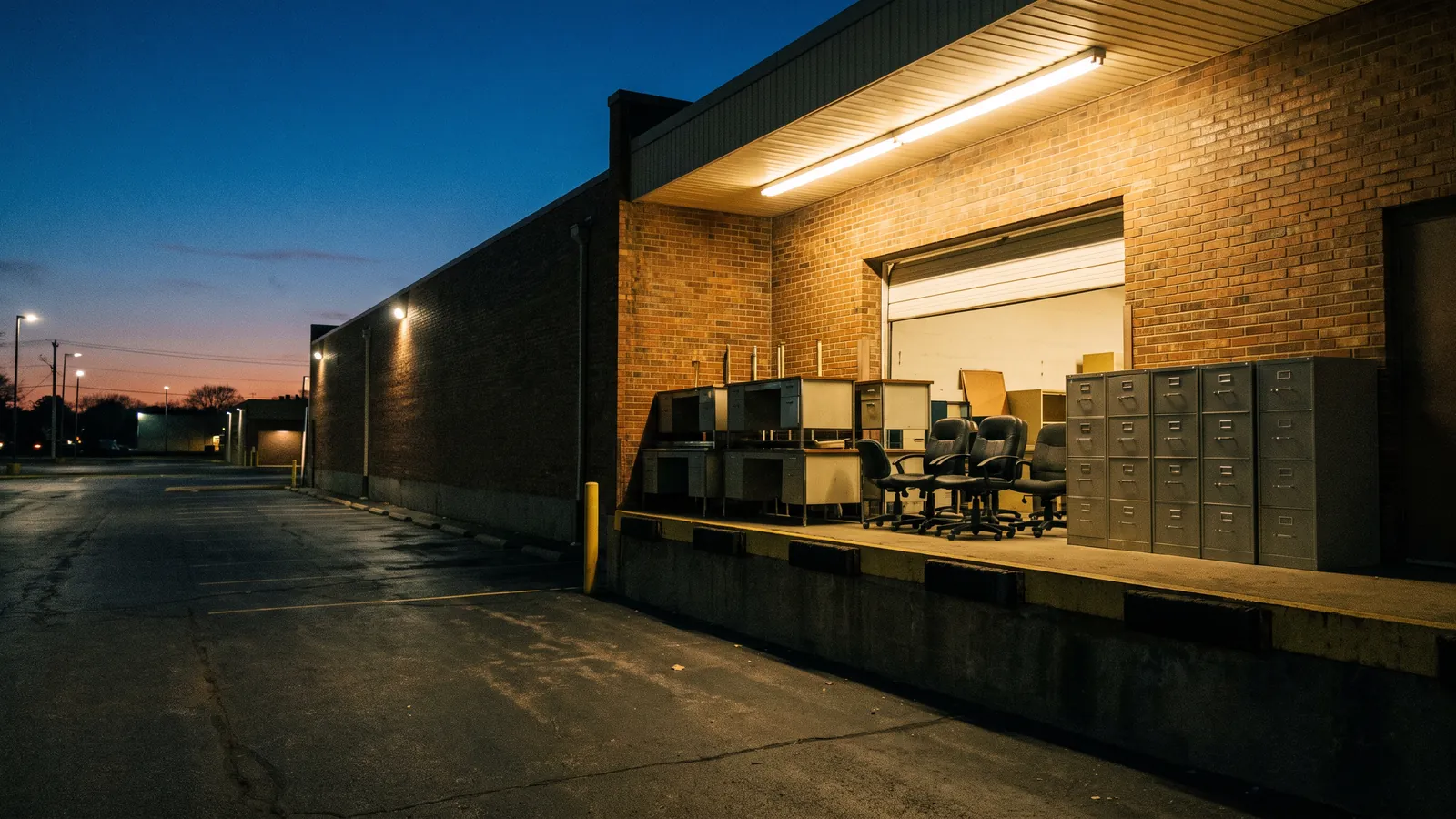 Stacked office desks, rolling chairs and filing cabinets lined up at the loading dock of a small office building for removal