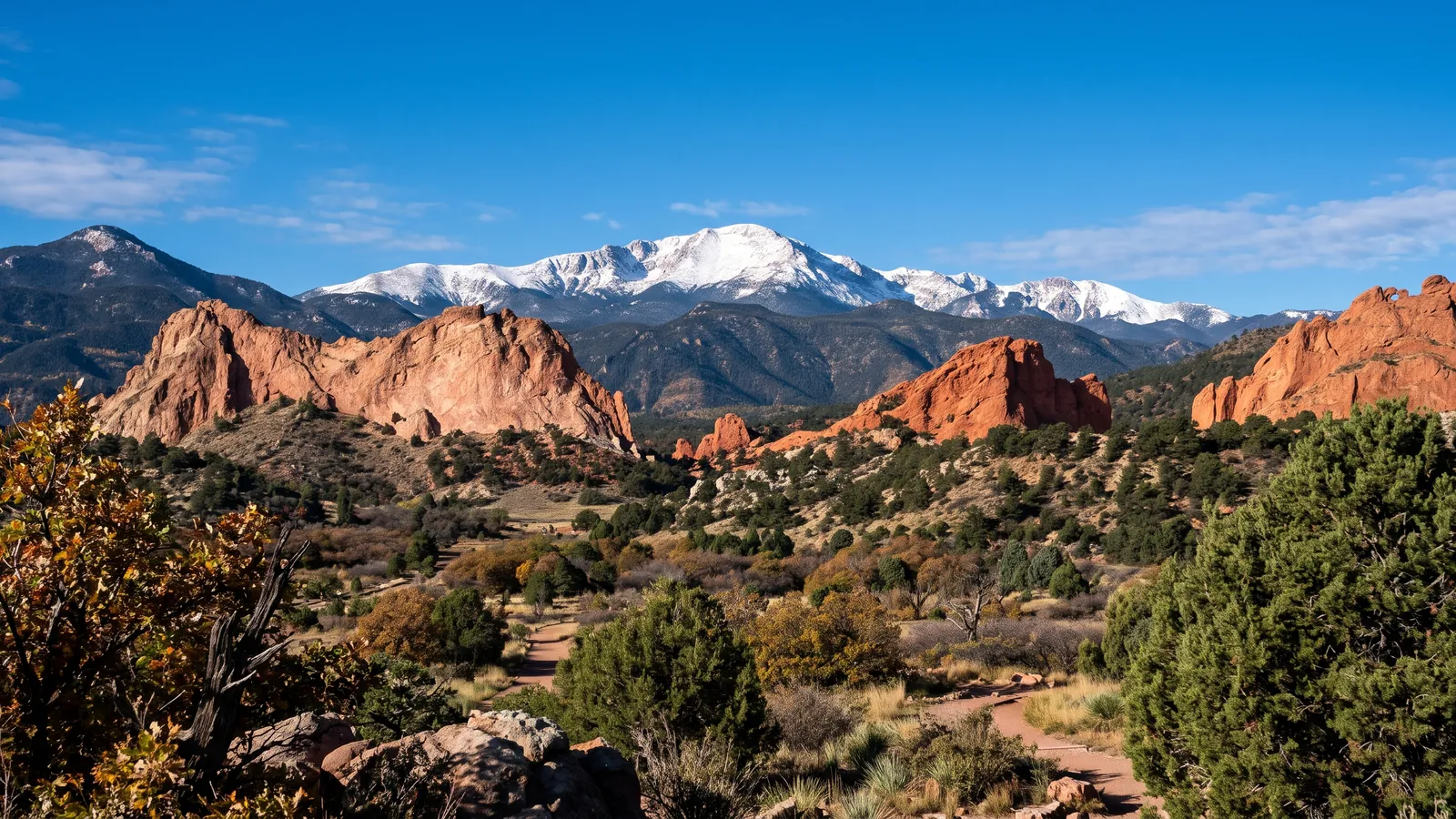 Pikes Peak with fresh snow rising behind the red sandstone fins of Garden of the Gods on a clear morning