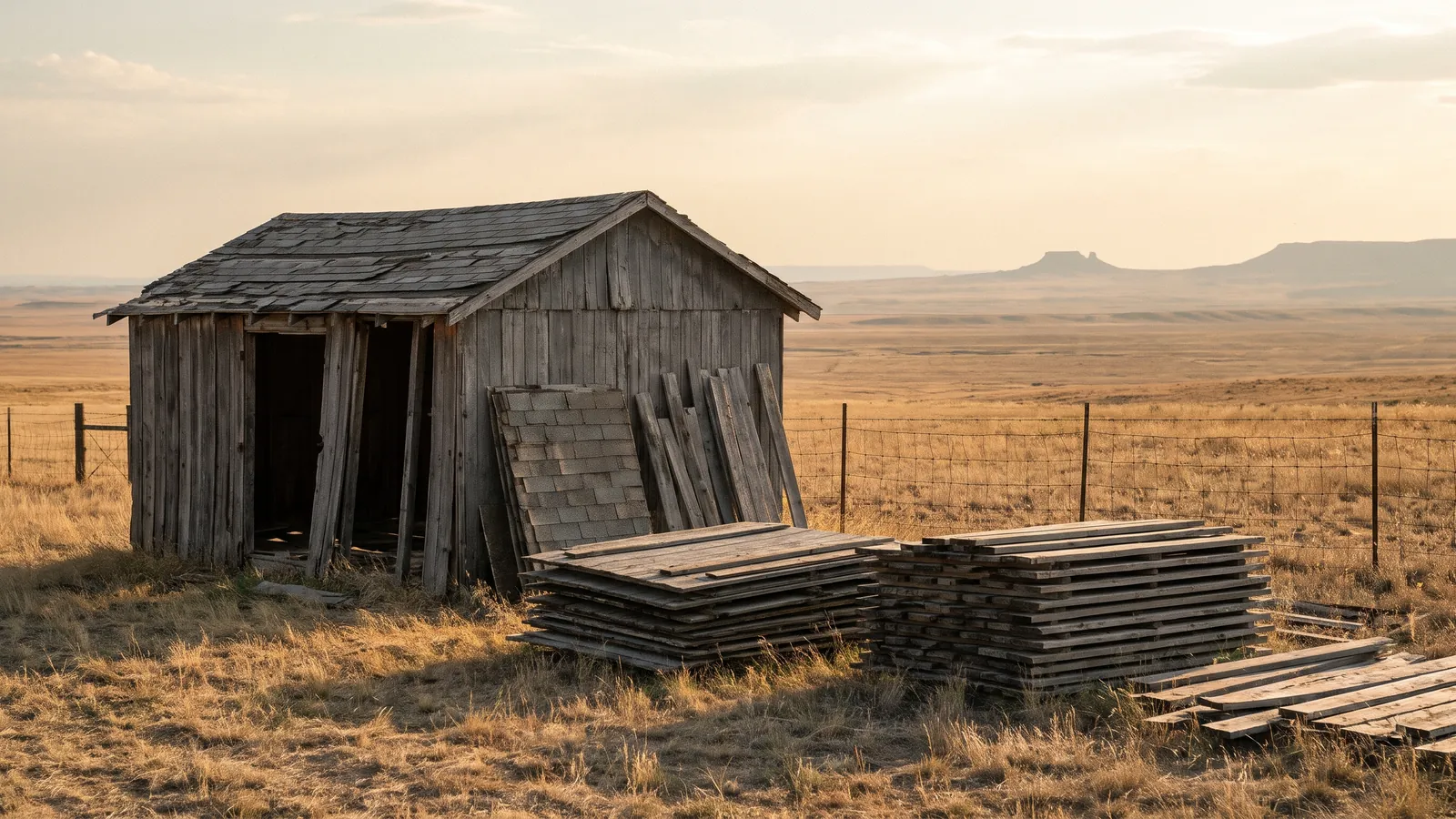 A rotted wooden backyard shed half dismantled, roof panels and wall boards stacked for loading, dry prairie grass and a fence line behind